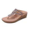 Women's pink wedge thong sandals with rhinestone flowers and T-strap design - EU 35 / Pink