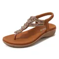 Brown wedge sandals for women with bohemian rhinestone beads and elastic ankle strap - EU 35 / Brown