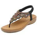 Bohemian wedge thong sandals featuring colorful beads, rhinestones and elastic heel strap - EU 35 / Black