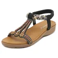 Women's black flat sandals featuring bohemian beads and golden floral rhinestones - EU 35 / Black