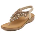 Beige Bohemian thong wedge sandals with intricate beads and sparkling rhinestones - EU 35 / Apricot