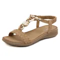 Women's khaki flat sandals with woven strap, beaded T-strap and elastic heel strap - EU 42 / Brown