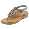 Light blue bohemian beaded flat sandals with colorful gemstones and elastic heel strap - EU 35 / Gray