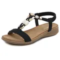 Bohemian black beaded flat sandals with woven strap and marble ring detail - EU 42 / Black
