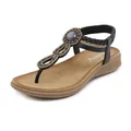 Bohemian black T-strap wedge sandals with hand-woven beads and rhinestone detailing - 36 / Black