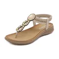 Beige Bohemian wedge flip-flop sandals with rhinestone accents and woven straps - 36 / Apricot