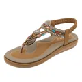 Women's light brown Bohemian T-strap sandals with colorful beads and rhinestones - EU 36 / Earthy Yellow