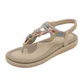 Bohemian khaki flip-flop sandals with colorful beads, rhinestones, and elastic heel strap - EU 36 / Apricot