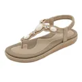 Khaki T-strap flat sandals with decorative pearls and rhinestones on a thick sole - EU 36 / Apricot