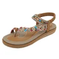 Bohemian flat thong sandals with colorful beads and rhinestone floral accents - EU 36 / Earthy Yellow
