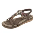 Brown Bohemian flat T-strap sandals with floral beads and ethnic patterned straps - 36 / Dark Brown