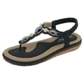 Women's black flat beach sandals with T-strap gray gemstones and white rhinestones - EU 36 / Black