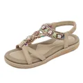 Beige Bohemian flat sandals with rhinestone flowers and ethnic woven ankle straps - 36 / Apricot