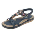Women's Bohemian flat sandals in navy blue with beaded ethnic embroidery and rhinestones - 36 / Sapphire Blue