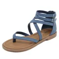Women's Roman style flat sandals with blue suede straps and crossover buckle straps - EU 36 / Blue