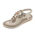 Champagne gold flat T-strap sandals with bohemian rhinestones and metal flower details - EU 42 / Gold