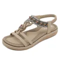 Beige Bohemian flat sandals with metallic butterflies, rhinestones and elastic heel strap - EU 36 / Apricot