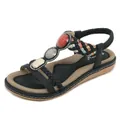 Bohemian flat sandals with t-strap and colorful gemstones with elastic back strap - EU 36 / Black