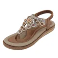 Women's flat Bohemian T-Strap sandals with rhinestones and bronze beaded floral design - EU 42 / Brown