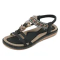 Bohemian flat sandals with black straps, colorful beads and comfortable elastic heel - EU 36 / Black