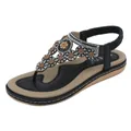 Bohemian flat thong sandals for women with rhinestones and bronze floral charms in black - EU 42 / Black