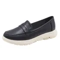 Women's black leather loafers with round toe and thick anti-slip cream rubber soles - EU 35 / Black