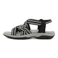 Women's athletic sandals featuring black woven straps with white patterns and gray footbeds - EU 38 / Black