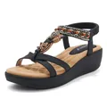 Sandalias de cuña negras para mujer estilo boho con strass, cuentas de colores y bordado - EU 36 / Negro