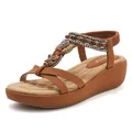 Sandalias de cuña marrones para mujer con adorno de mariposa y correas de cuentas - EU 35 / Amarillo Tierra