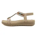 Beige Bohemian flat sandals with colorful rhinestone beads and elastic back strap - EU 36 / Apricot