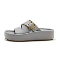 Light blue platform slide sandal with cross straps and large gold decorative buckle - EU 35 / Gray
