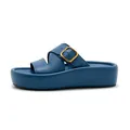 Blue platform slide sandals with stylish cross-strap and large gold buckle feature - EU 35 / Blue