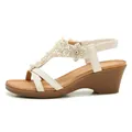 Women's beige wedge sandals with rhinestone flowers and elastic back strap - EU 35 / White