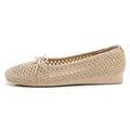 Beige knitted cutout ballet flats with bow detail and breathable mesh design - 35 / Apricot