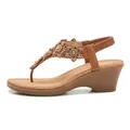 Brown wedge sandals with rhinestone flowers and bohemian T-strap flip-flop design - EU 35 / Brown