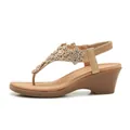 Women's apricot bohemian wedge sandals with rhinestone floral T-strap and elastic back - EU 36 / Apricot