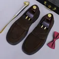Men's dark brown suede loafers with classic penny design and elegant styling - EU 38 / Mocha Brown