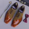 Brown patchwork dress shoes in suede and patent leather with square toe and lace-up - EU 37 / Brown