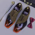 Two-tone men's oxford shoes in brown polished leather and green suede with orange sole detail - EU 38 / Patina Brown