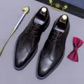 Classic dark brown leather derby shoes with wingtip stitching for formal business wear - EU 38 / Coffee (Blue Edge)