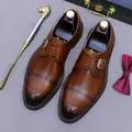 Premium brown leather double monk strap shoes with brogue details and crocodile texture - EU 37 / Brown