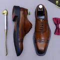 Brown leather brogue oxford shoes with blue stitching and square toe in a classic style - EU 38 / Brown (Blue Edge)