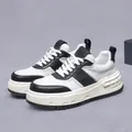 Men's leather platform sneakers in black and white color block with thick anti-slip sole - 41 / Black and White