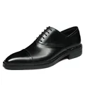 Classic black leather cap-toe oxford dress shoes for men with unique woven sole detail - EU 38 / Black (Black Trim)
