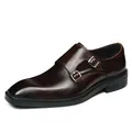 Men's dark brown double monk strap leather shoes with silver buckles and polished finish - EU 38 / Coffee (Black Edge)