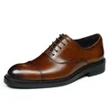 Men's dark brown genuine leather cap toe oxford shoes with polished finish and rubber sole - EU 38 / Brown (Black Edge)