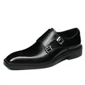 Men's black leather double monk strap shoes with stylish metal buckles and thick soles - EU 38 / Black (Black Trim)