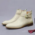 Elegant cream leather men's dress boots with buckle strap and low wooden heel - EU 37 / Cloud Glaze White