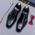 Classic black leather double monk strap shoes with blue stitching and metal buckles - EU 37 / Black
