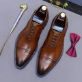 Elegant brown genuine leather Oxford dress shoes with classic cap toe and blue stitching - EU 38 / Brown (Blue Edge)